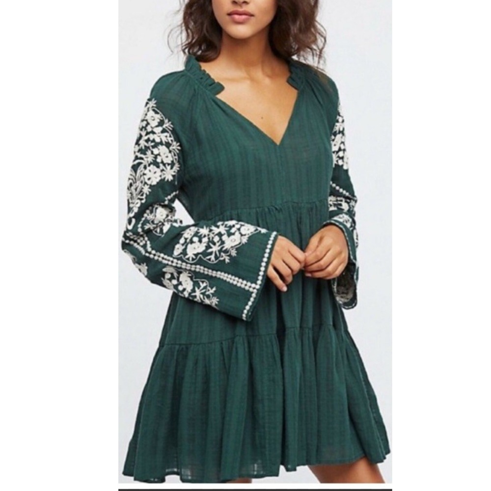 Free People Mini Dress Women Medium Green Embroidered Sleeve Tiered Gauze Boho